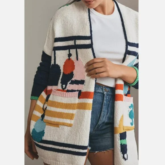 Anthropologie Maeve Nautical Buoy Cardigan Sweater Whale Seahorse S M NWT